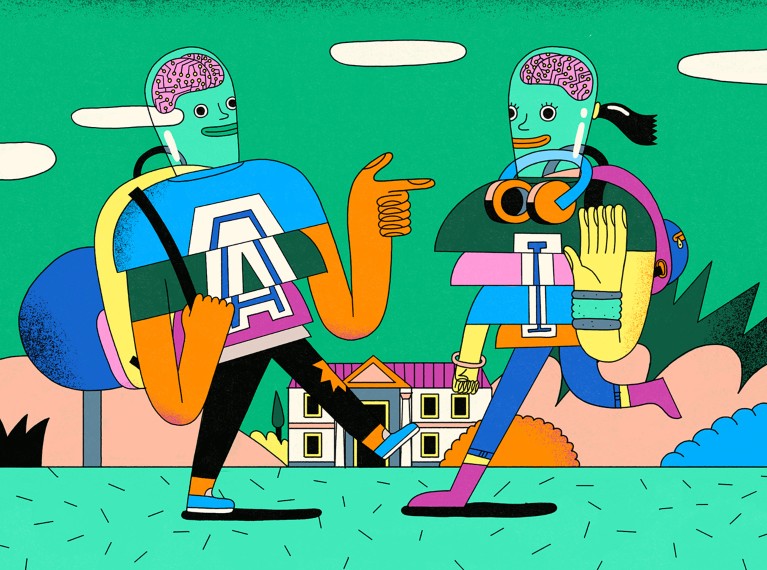 Cartoon showing two university students with transparent heads with computerised brains inside and the letters "A" and "I" written on their clothes.