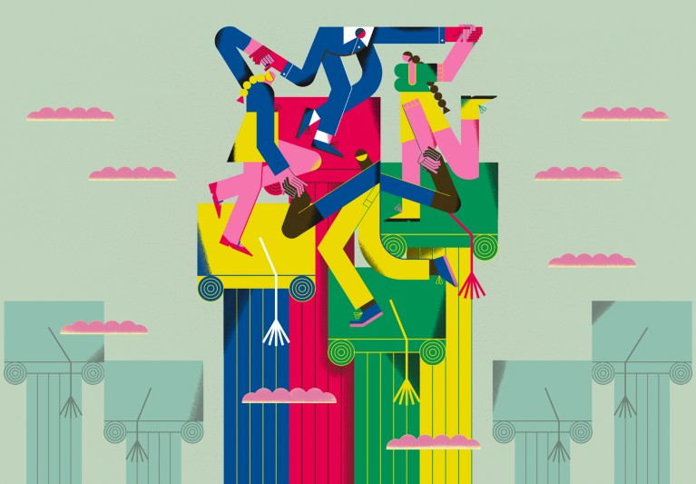 Conceptual illustration showing PHD students dancing on top of columns