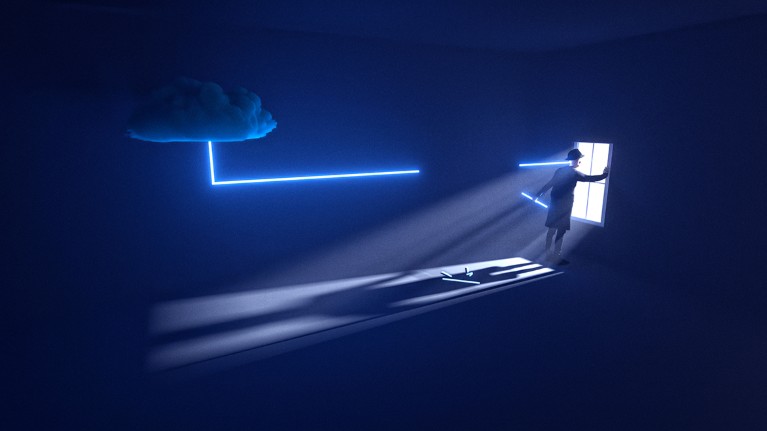 A human figure presses their hand against a window in an otherwise dark room. Behind them a cloud floats out of which emerges a blue beam that connects with the figure