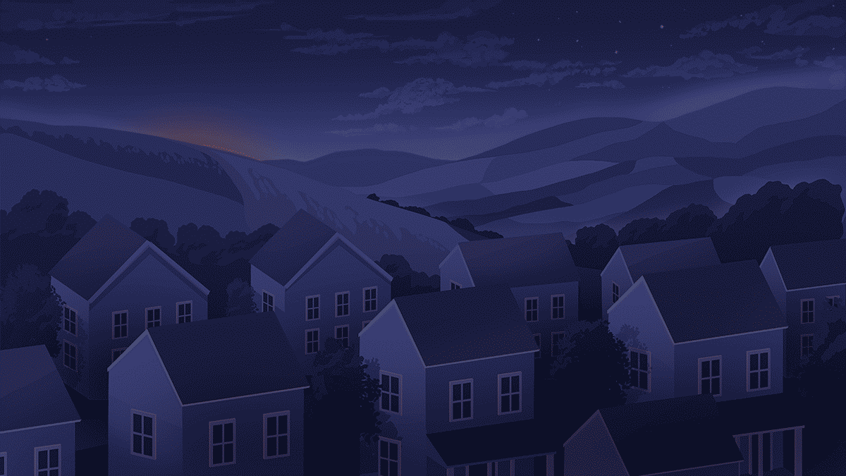 A conceptual illustration of an urban village at night, a moon-like flu virus is rising in the horizon.