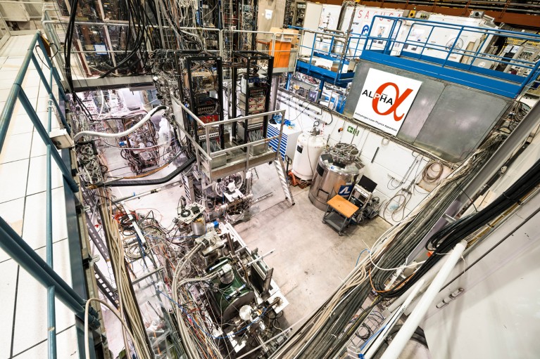 A general, wide-angle view of the equipment used in the ALPHA experiment at CERN, showing lots of cables running all around the room