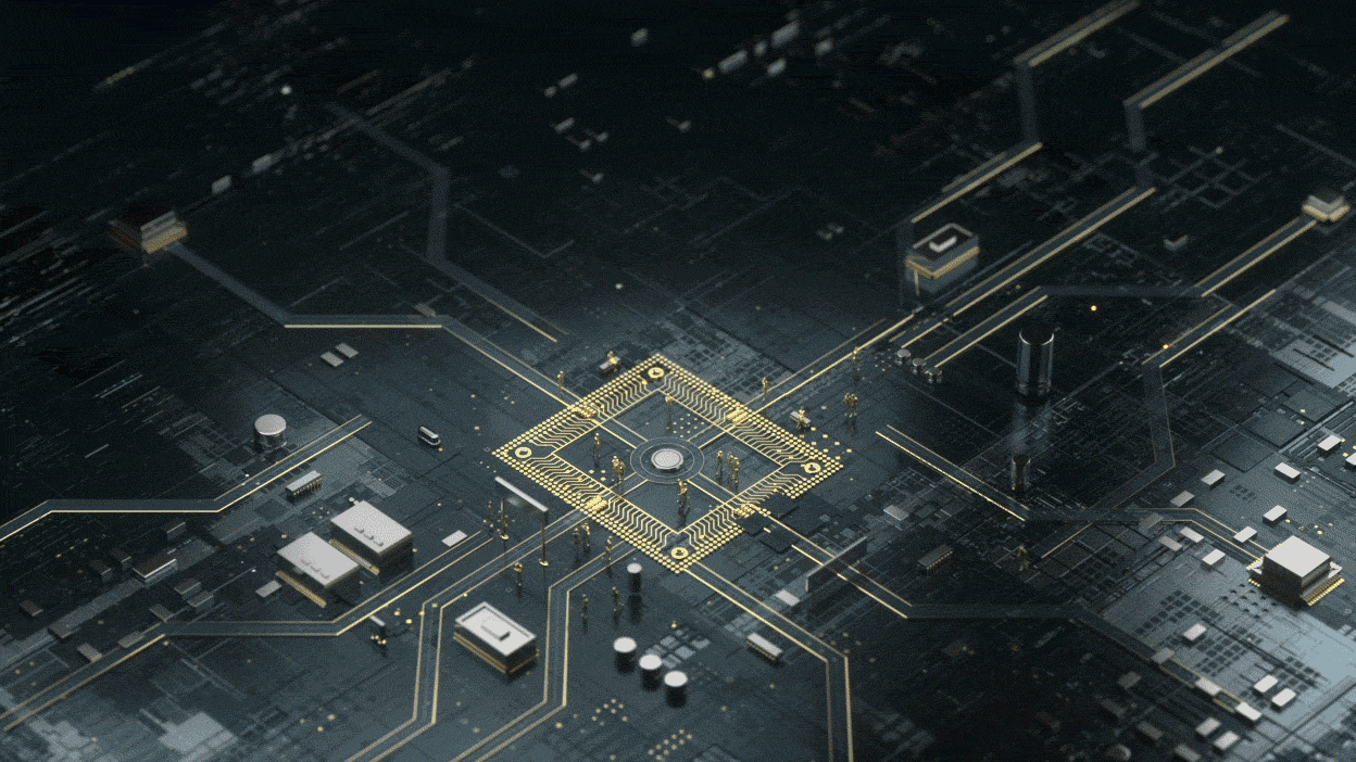 Looping animation of circuit board, from which building and several golden trees rise out of.
