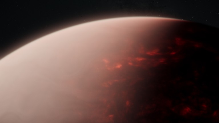 An artist’s illustration showing a thick atmosphere above a vast magma ocean on a red exoplanet