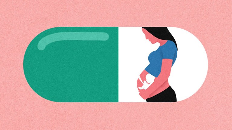 Conceptual illustration of a pregnant woman standing inside a pill, her arms are stroking her belly where her fetus can be seen.