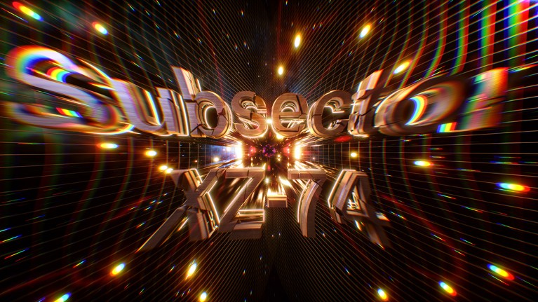 The words ‘Subsector XZ-74’ are rendered in blurring and cracking 3D type as they get sucked towards black hole at the centre of the space in which they are floating