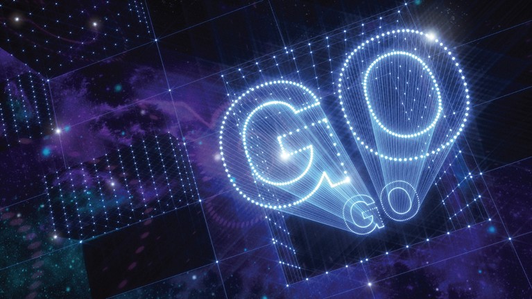 The word ‘GO’ is picked out from glowing dots in the sky