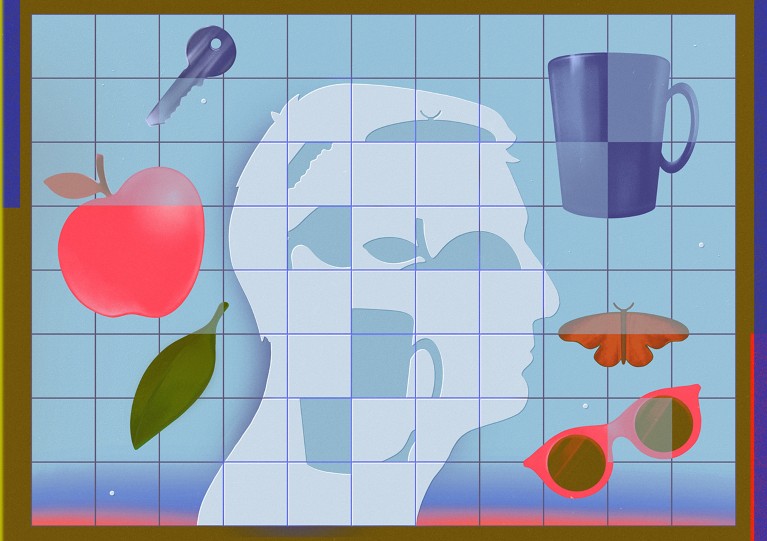 Conceptual illustration showing disordered fragments of objects inside persons head.