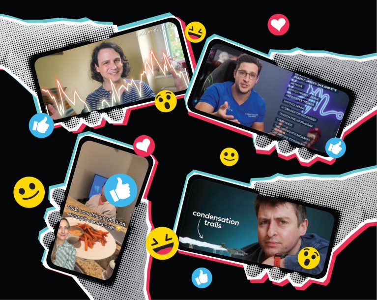 Composite image of illustrated hands holding mobile phones showing still images of four science-based social media influencers on the displays with emoji bubbles surrounding the phones.