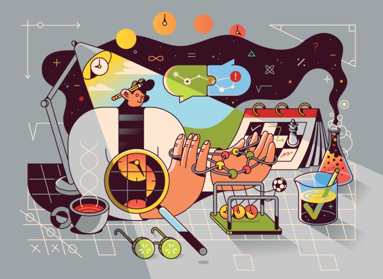 A stylised illustration depicts a person seated at a desk beneath a lamp, interacting with scientific tools and data visuals. The desk includes a magnifying glass over a puzzle of a clock, laboratory glassware, a molecular model, and a calendar‑style chart with a maze. Abstract symbols, arrows, and geometric shapes float in the background, visually linking the elements and representing data analysis, research processes, and problem‑solving.