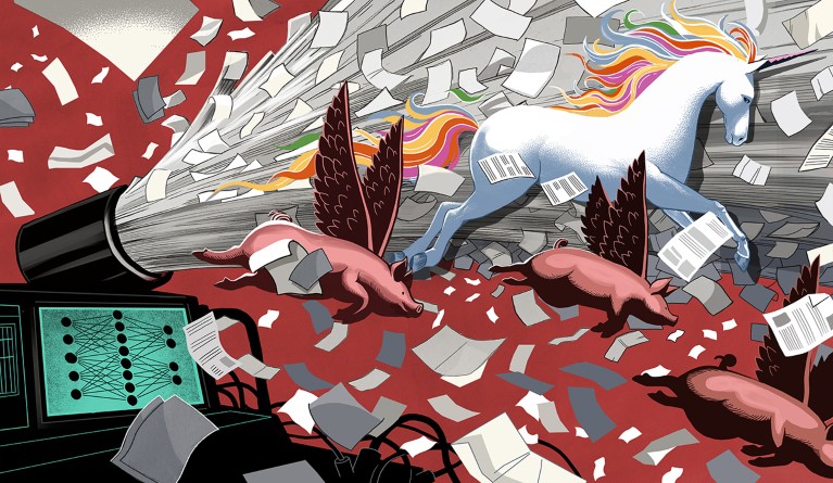 Conceptual illustration showing a machine producing a stream of research papers and fantastical creatures.