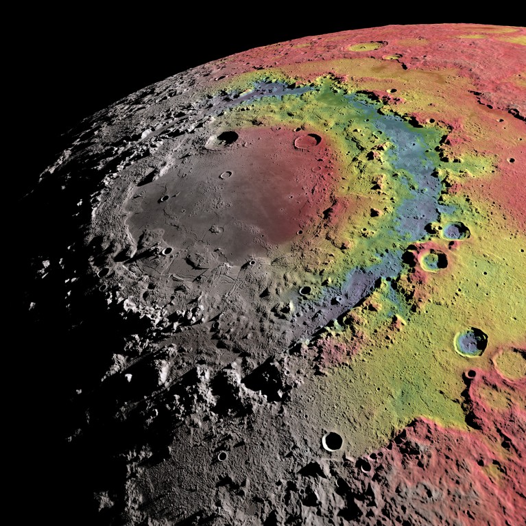 A computer model of Orientale basin on Earth’s moon showing the terrain and density of the surface.