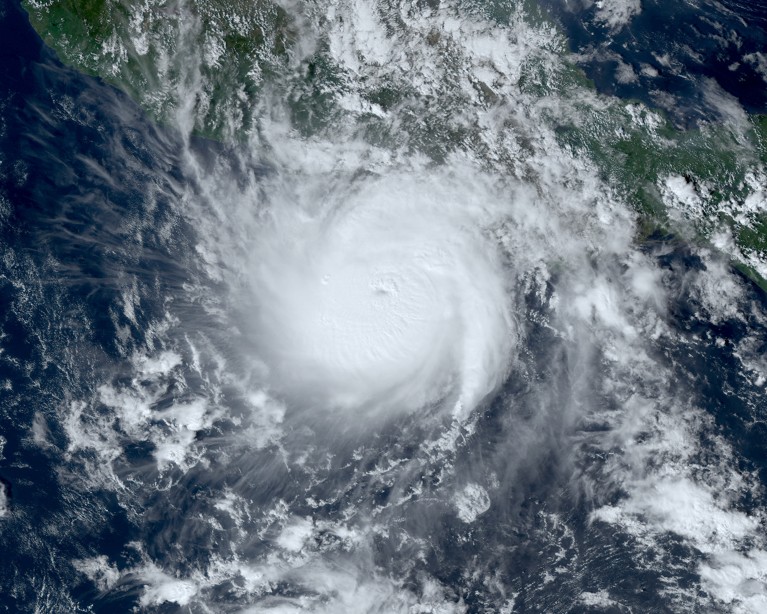 Hurricane Otis continuing its explosive intensification episode off the coast of Guerrero during the evening of October 24, 2023.