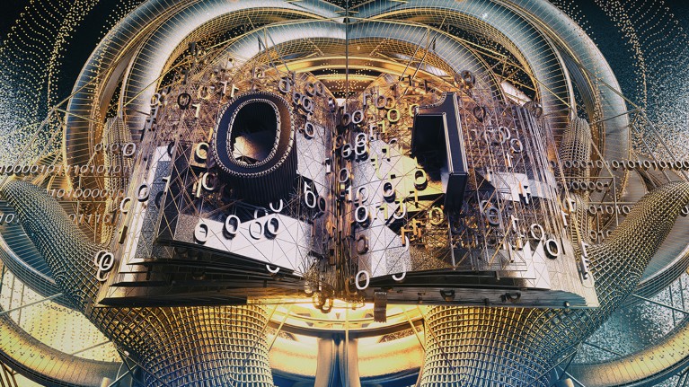 A large metallic book, its pages covered in zeroes and ones, is held open by metallic hands