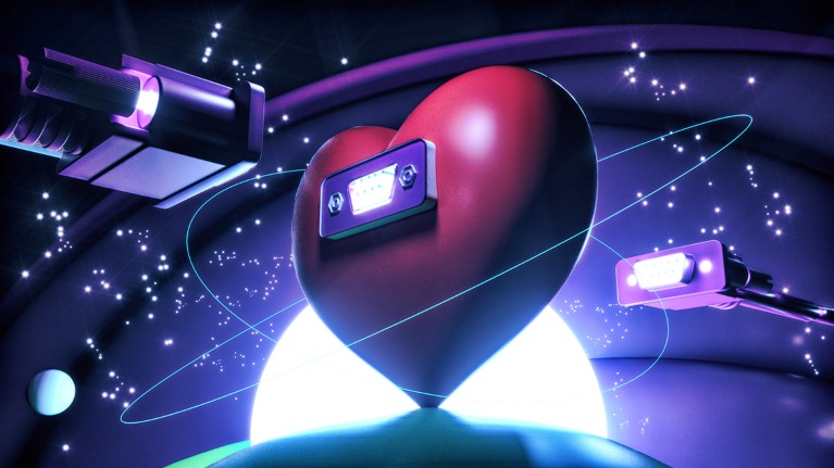 A red heart with an RS-252 computer port on its front is surrounded by two glowing cables, set against a cosmic background