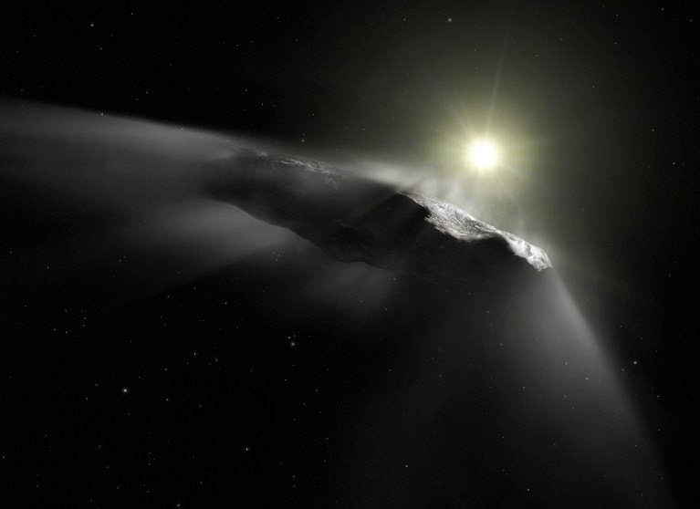 Illustration of 'Oumuamua, an elongated interstellar comet, illuminated by the Sun with faint gas streaming from its surface against a dark background