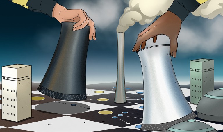 Two human hands moving nuclear reactor cooling towers on a chessboard. The black-and-white squares on the board are inlaid with diagrams depicting the nuclear fission reaction.