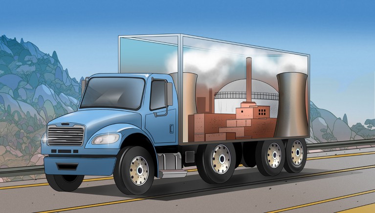 A truck on a highway, carrying in its cargo area what appears to be a miniature nuclear power plant, including two cooling towers.