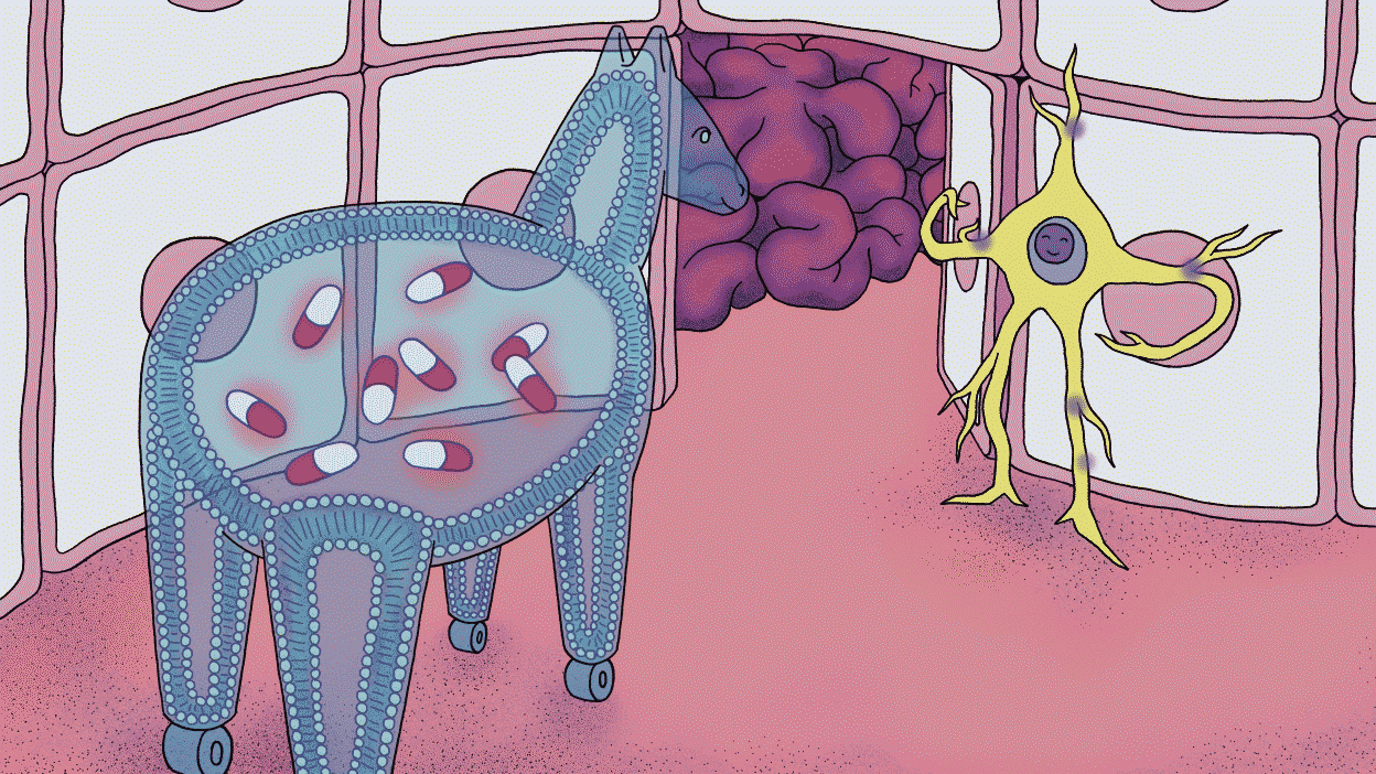Image 1: A Trojan horse, carrying medicines, in front of a wall made of cells. A door in the wall is open, revealing the brain behind.