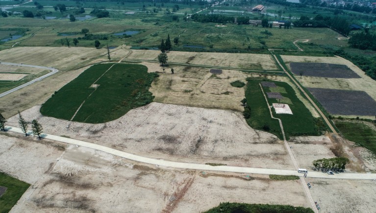 An aerial view of the Archaeological Ruins of Liangzhu City