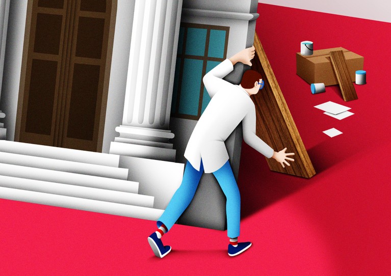 Illustration showing a scientist looking behind a grand academnic building to reveal that it is actually a cardboard cutout.
