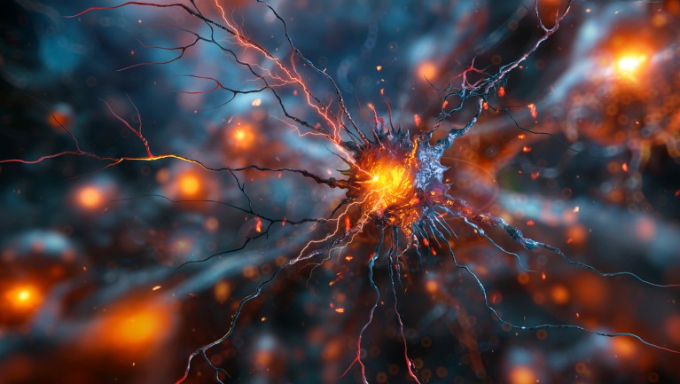 Illustration of a nerve cell with a bright glowing orange centre and branching, thread-like extensions stretching outwards