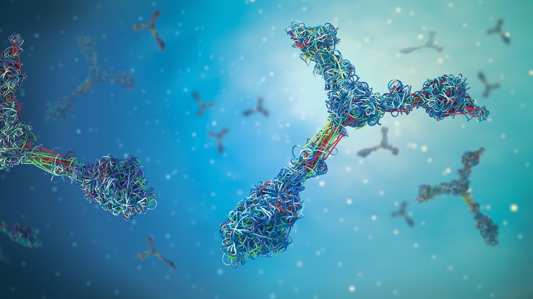 Computer rendering of antibodies floating against a blue background