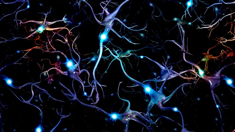 Computer imagery of neurons against a dark background