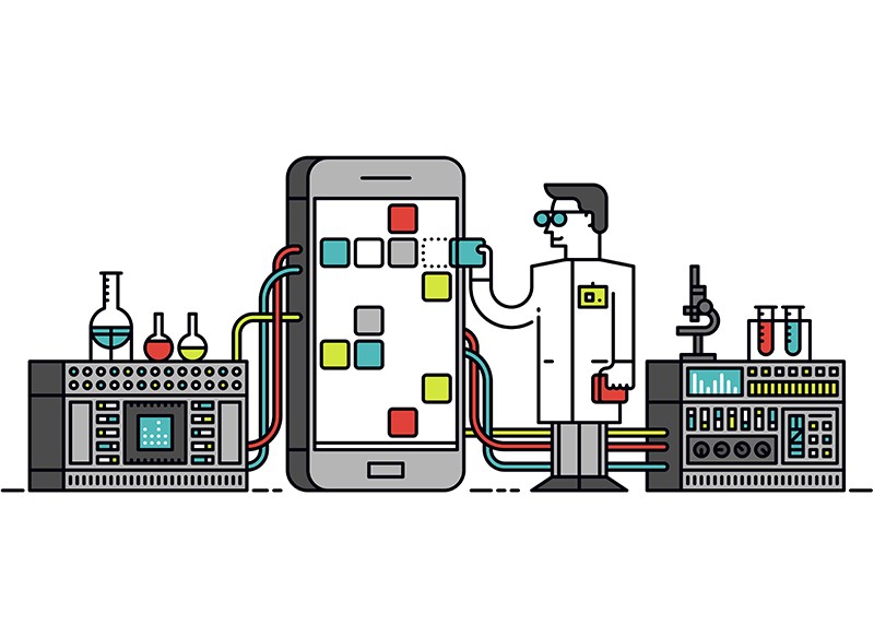 Lab scientist with smart phone illustration