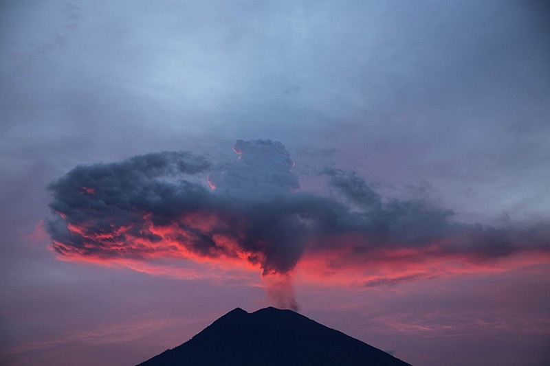 View of Mount Agung erupting in the afternoon.