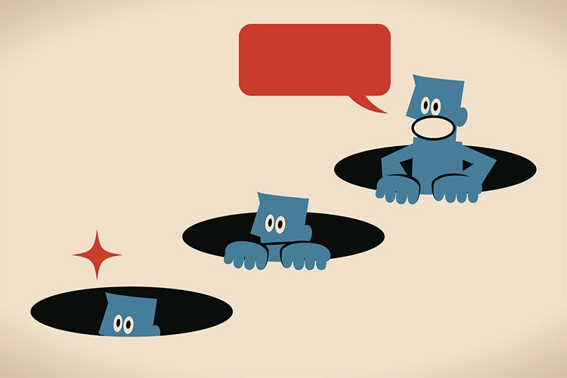 Illustration of 3 nervous blue people poking their heads out of holes in the ground to look and comment.