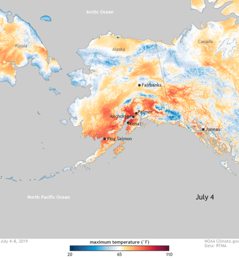 This animated gif shows the build-up of extremely high daytime high temperatures across Alaska from July 4–8, 2019.