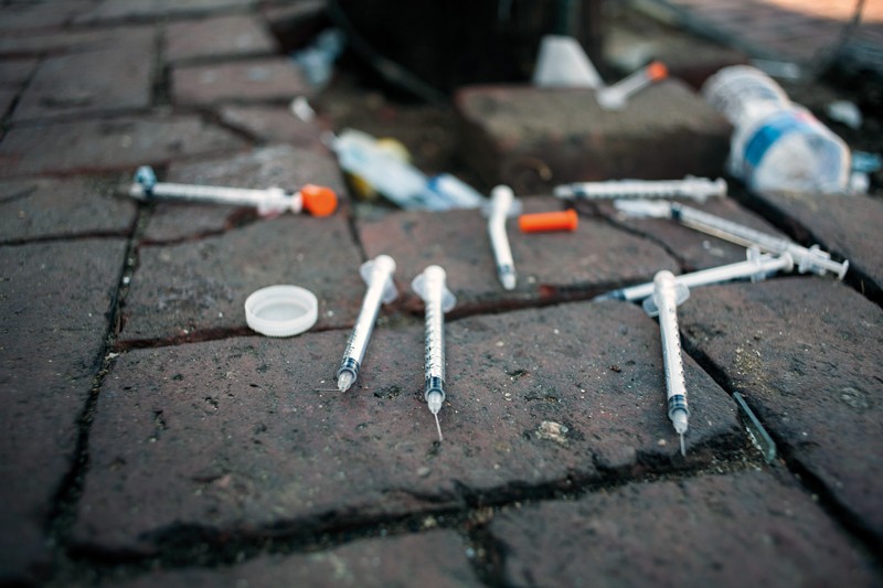 Discarded syringes for injecting heroin on the street in Philadelphia